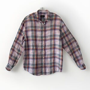 Bugatchi Mens 100% Fine Linen Shaped Fit Shirt 2XL Pink Plaid Button Up Preppy